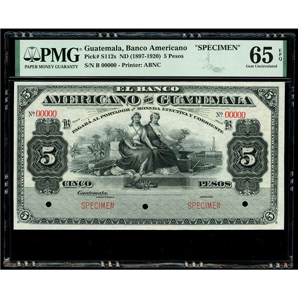 Guatemala, Banco Americano, 5 pesos specimen, series B, with red SPECIMEN overprint, PMG Gem UNC 65 