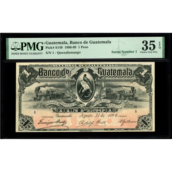 Guatemala, Banco de Guatemala, 1 peso, 31-8-1896, single-digit serial number 1, PMG Choice VF 35 EPQ