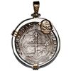 Image 1 : Mexico City, Mexico, cob 8 reales, Philip II, assayer O, mounted cross-side out in silver bezel with
