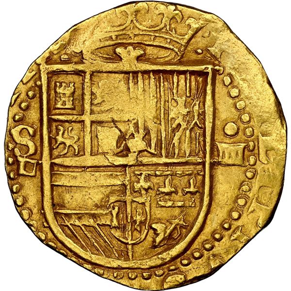 Seville, Spain, gold cob 4 escudos, Philip II, assayer Gothic D below mintmark S to left, NGC MS 61.