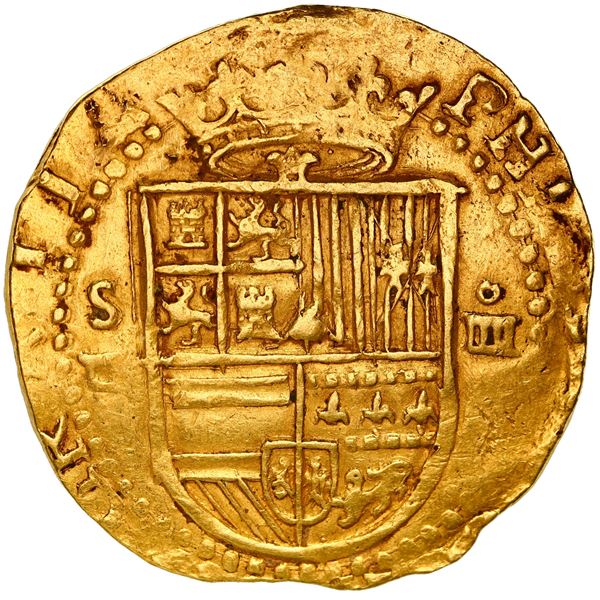 Seville, Spain, gold cob 4 escudos, Philip II, assayer Gothic D below mintmark S to left.