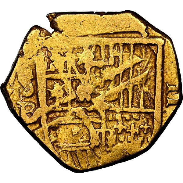 Seville, Spain, gold cob 2 escudos, Philip III, assayer B, die-clash on obverse, NGC AU details / bl