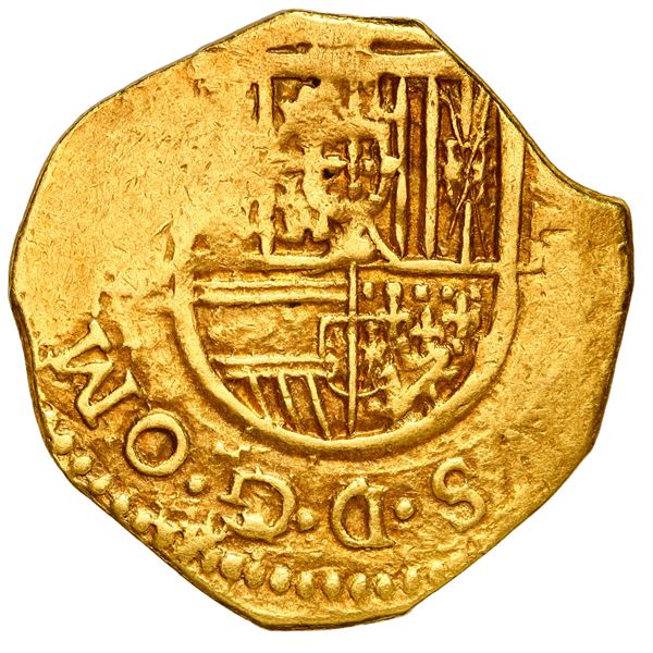 Seville, Spain, gold cob 2 escudos, Philip III, assayer not visible (B), OMNIVM in legend.