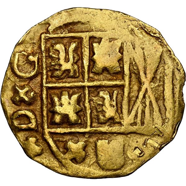 Bogota, Colombia, gold cob 1 escudo, posthumous Charles II, no assayer (Arce), NGC AU details / obv 