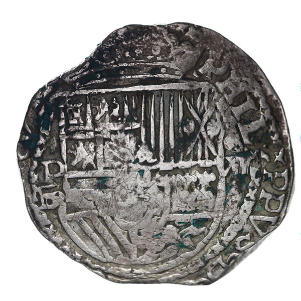 Potosi, Bolivia, cob 8 reales, Philip II, assayer B (5th period), borders of x's.