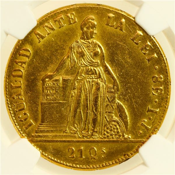 Santiago, Chile, gold 8 escudos, 1846 IJ, JUNIO on edge, NGC AU details / removed from jewelry.