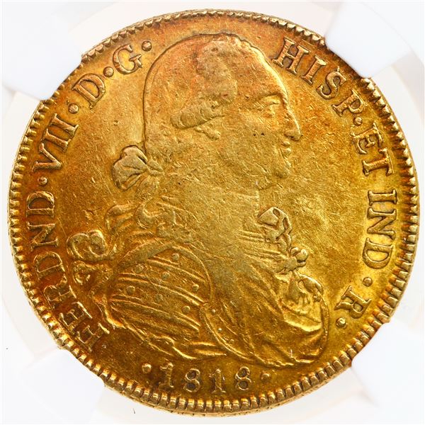 Bogota, Colombia, gold bust 8 escudos, Ferdinand VII (bust of Charles IV), 1818 JF, NGC AU 50.