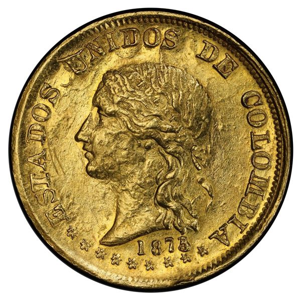 Popayan, Colombia, gold 20 pesos, 1875/4/3, PCGS AU detail / scratch.