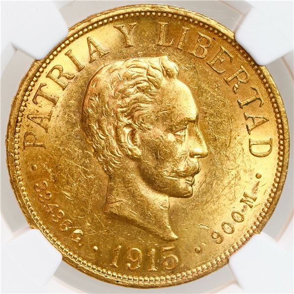 Cuba (struck at the Philadelphia Mint), gold 20 pesos, 1915, Jose Marti, NGC MS 61.