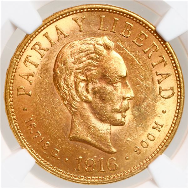 Cuba (struck at the Philadelphia Mint), gold 10 pesos, 1916, Jose Marti, NGC MS 61.