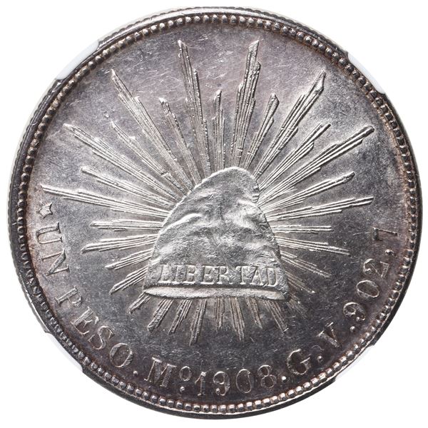 Mexico City, Mexico, cap-and-rays 1 peso, 1908 GV, NGC MS 62.