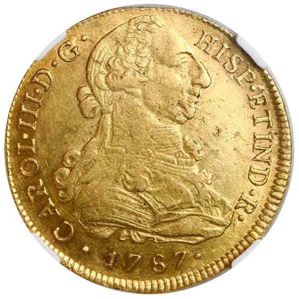 Lima, Peru, gold bust 8 escudos, Charles III, 1787 IJ, NGC AU 58 ("top pop").