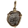 Image 1 : Mexico City, Mexico, cob 1/2 real, Philip V, assayer F, mounted cross-side out in 14K gold bezel wit