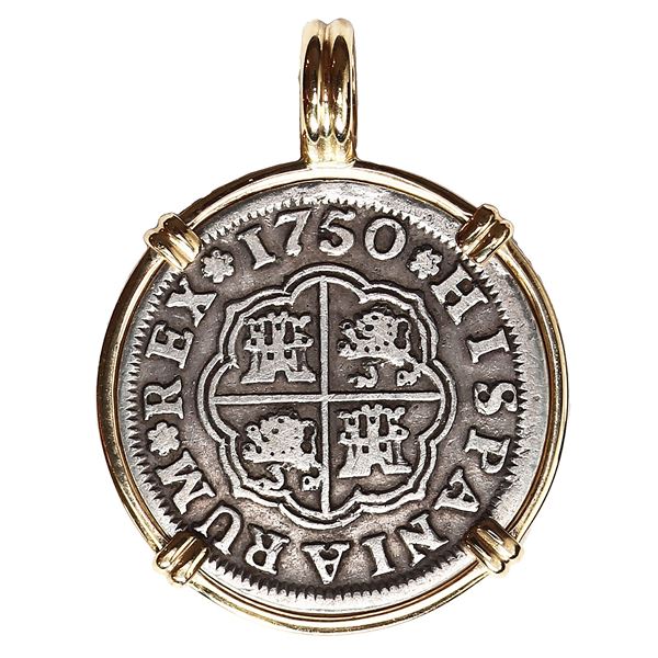 Seville, Spain, milled 1 real  half pistareen,  Ferdinand VI, 1750 PJ, mounted in 14K gold bezel wit