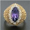 Image 2 : Vintage 18k Gold 1.76 ctw Marquise Amethyst & Round Diamond Halo Textured Ring