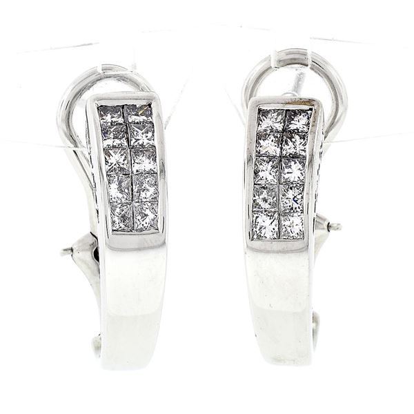 18k White Gold 1.00 ctw 2 Row Invisible Set Princess Diamond Omega Cuff Earrings