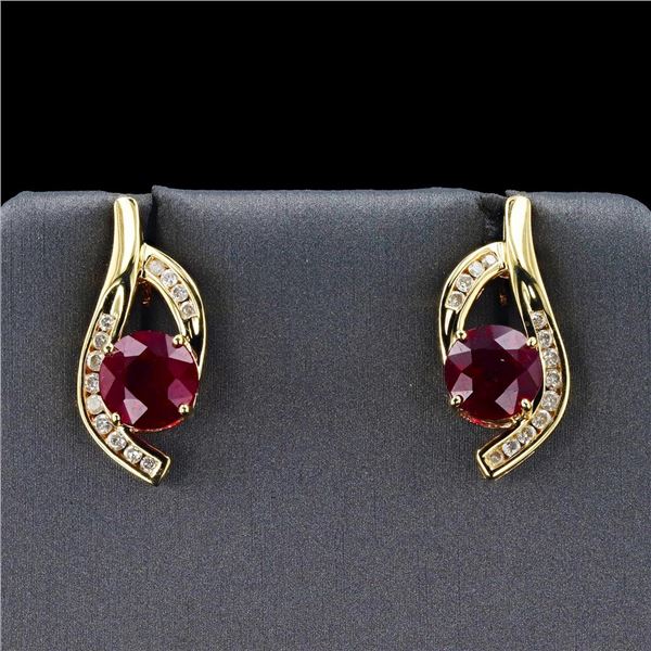 14K Yellow Gold Custom Made Diamond and Ruby Composite Pair Of Earrings