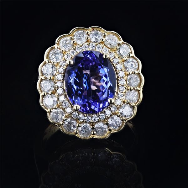 4.12 ctw Tanzanite and 1.57 ctw Diamond 14K Yellow Gold Ring