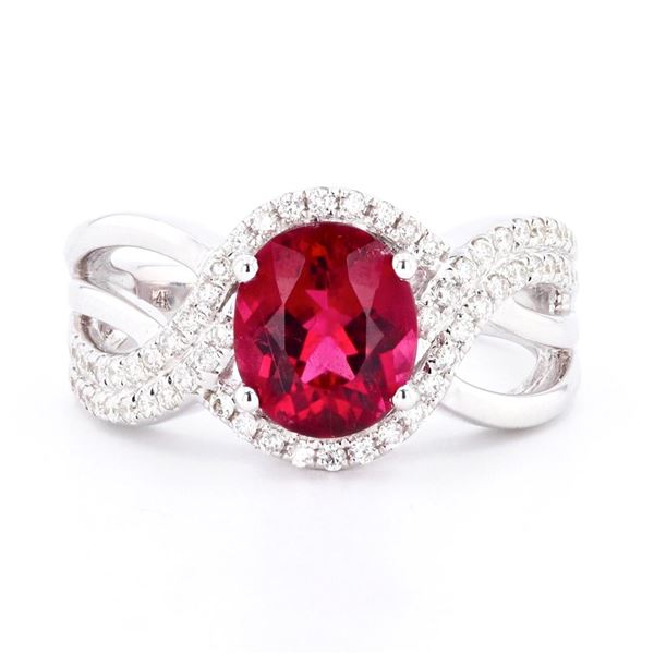 2.06CT Rubelite Natural Tourmaline and 0.33 ctw Diamond 14K White Gold Ring
