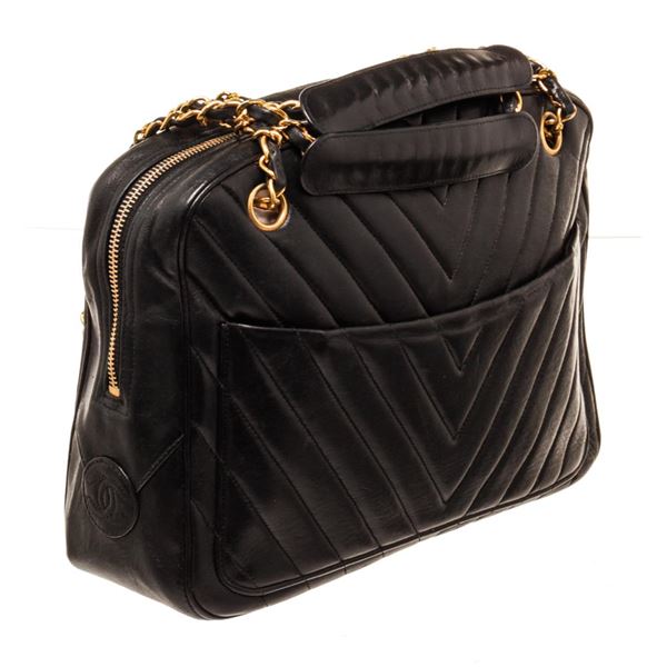 Chanel Black Lambskin Leather Chevron Camera Bag
