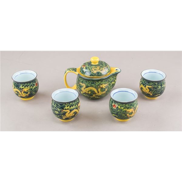 Lot of 5 Taiwanese Dragon Teapot and Cups Set