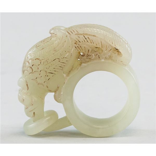 Chinese Hetian White Jade Phoenix Archer's Ring