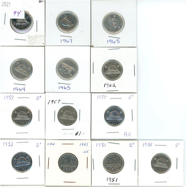 13 CDN 5 CENTS 1950, 51, 53, 54, 57, 59, 1962, 63, 64, 65, 67, 2021