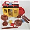 Image 2 : Huge Lot Vintage TIMPO Western Playset Made in Britain - Log Cabin, Teepee, totem Pole, stage coach,