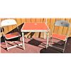 Image 2 : Vintage Metal Childs 24x24x21H" Folding Table & 2 Matching Chairs  - Red Padded Vinyl Table Top & Ch
