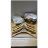 Image 1 : 6 wooden clothes hangers, tin of unfinished needlework/patterns