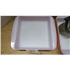 Image 2 : 2 square rose colored Pyrex baking dishes, ricer, cake pan