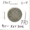 Image 1 : 1905 Edward VII Silver 25 Cents. Key Date. G-4.