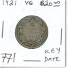 Image 1 : 1921 Silver 25 Cents. Key Date. Mintage of 597,337. VG-8.
