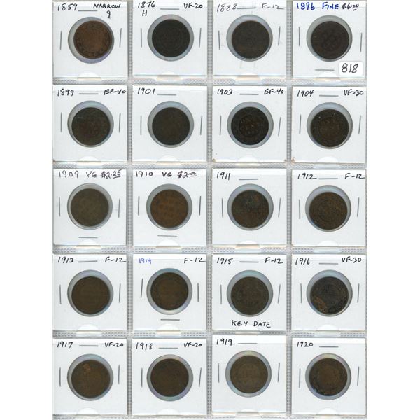Lot of 20 Canadian Large Cents: Includes 1859 Narrow 9, 1876H, 1888, 1896, 1899, 1901, 1903, 1904, 1