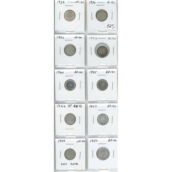 Lot of 10 Canadian George VI Silver 10 cents. Includes 1938, 1939, 1942, 1943, 1944, 1945, 1946, 194