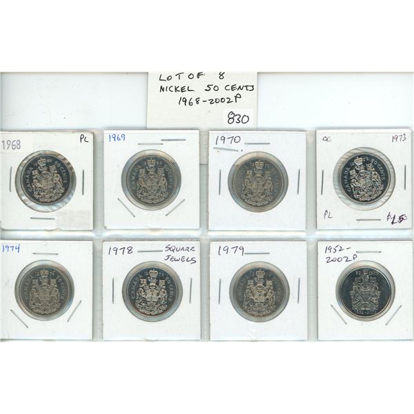 Lot of 8 Canadian Queen Elizabeth 50 Cents. Includes 1968, 1969, 1970, 1973, 1974, 1978 Square Jewel