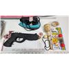 Image 2 : Vintage childrens Ironing board, with cover and kids iron & assorted toys - Rubber band gun, jax, et