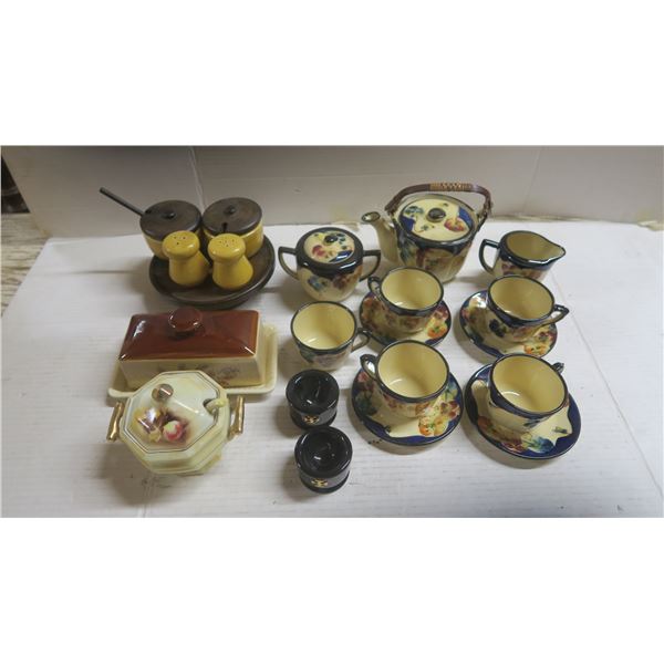 Tea Set with 5 Teacups, 4 Saucers, Teapot, Sugar Bowl, Creamer Ccup, and Misc. Glassware