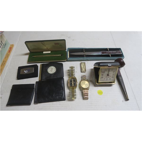 2 Mens Watches, Money Clips, Fancy Pen, Letter Opener, Pipe, Wallets and coin Pouch