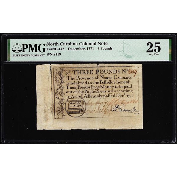 1771 North Carolina 3 Pounds Colonial Note NC-142 PMG Very Fine 25 Magna Charta
