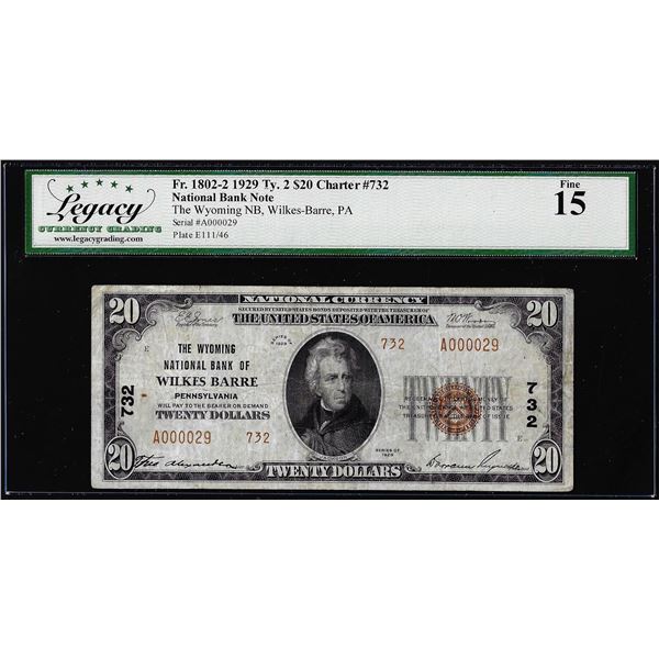 1929 $20 NB Wilkes-Barre, PA CH# 732 Fr.1802-2 National Currency Note Legacy Fine 15