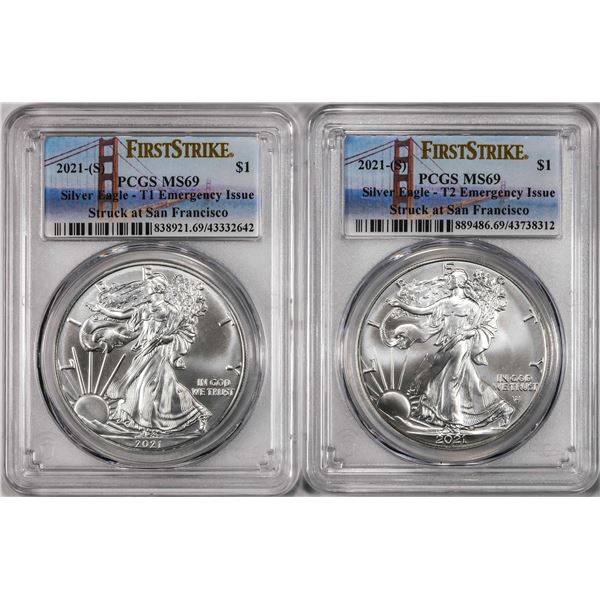 2021-(S) Type 1 & Type 2 $1 American Silver Eagle Coins PCGS MS69 First Strike