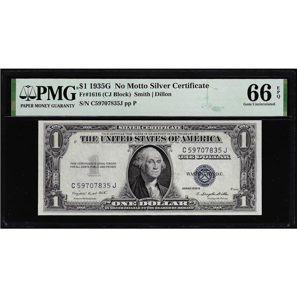 1935G No Motto $1 Silver Certificate Note Fr.1616 PMG Gem Uncirculated 66EPQ