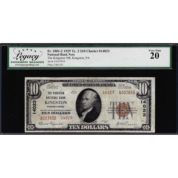 1929 $10 NB of Kingston, PA CH# 14023 National Currency Note Legacy Very Fine 20