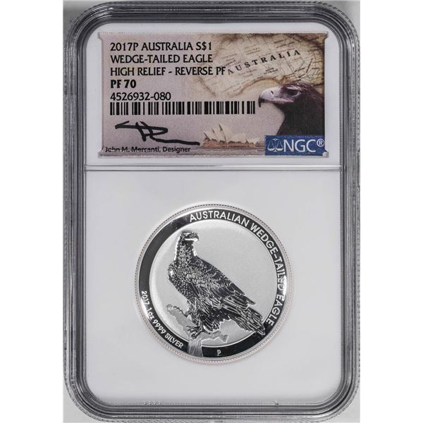 2017P $1 Australia Wedge-Tailed Eagle High Relief Coin NGC Reverse PF70 Mercanti Signed