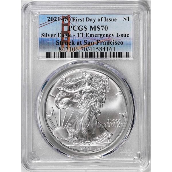 2021-(S) Ty. 1 $1 American Silver Eagle Coin PCGS MS70 First Day of Issue Emergency SF
