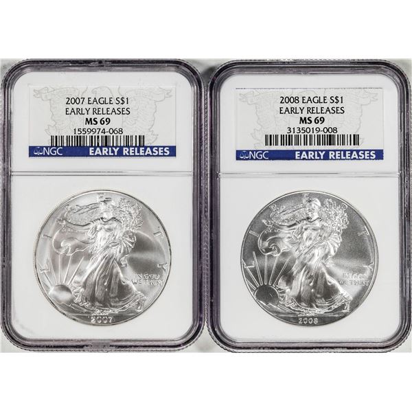 Lot of 2007-2008 $1 American Silver Eagle Coins NGC MS69 Early Releases