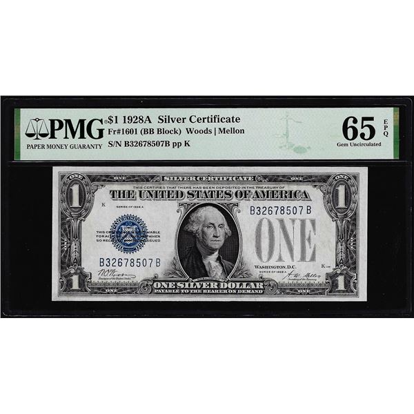 1928A $1 Funnyback Silver Certificate Note Fr.1601 PMG Gem Uncirculated 65EPQ