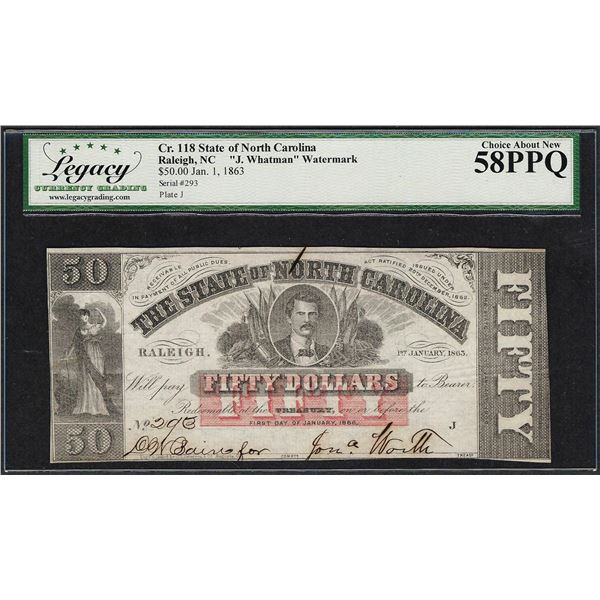 Jan. 1, 1863 $50 State of North Carolina Obsolete Note Cr.118 Legacy Ch. About New 58PPQ