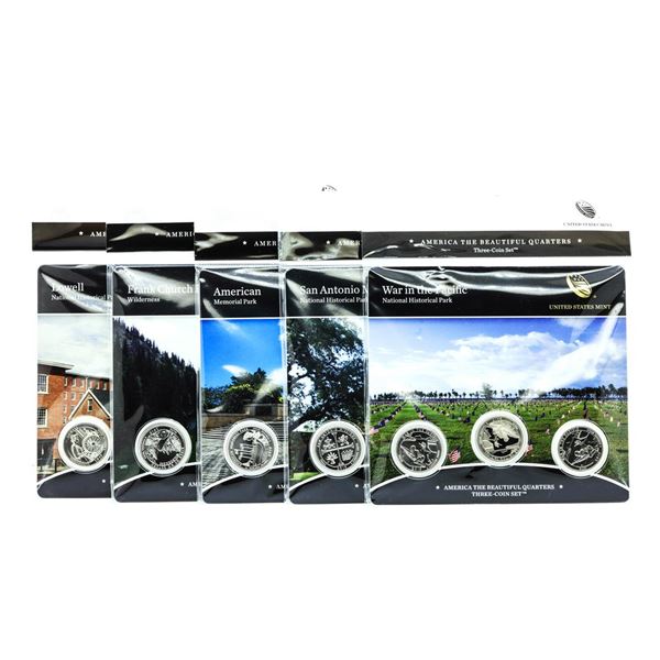 Lot of (5) 2019 America The Beautiful Three-Coin Quarter Sets